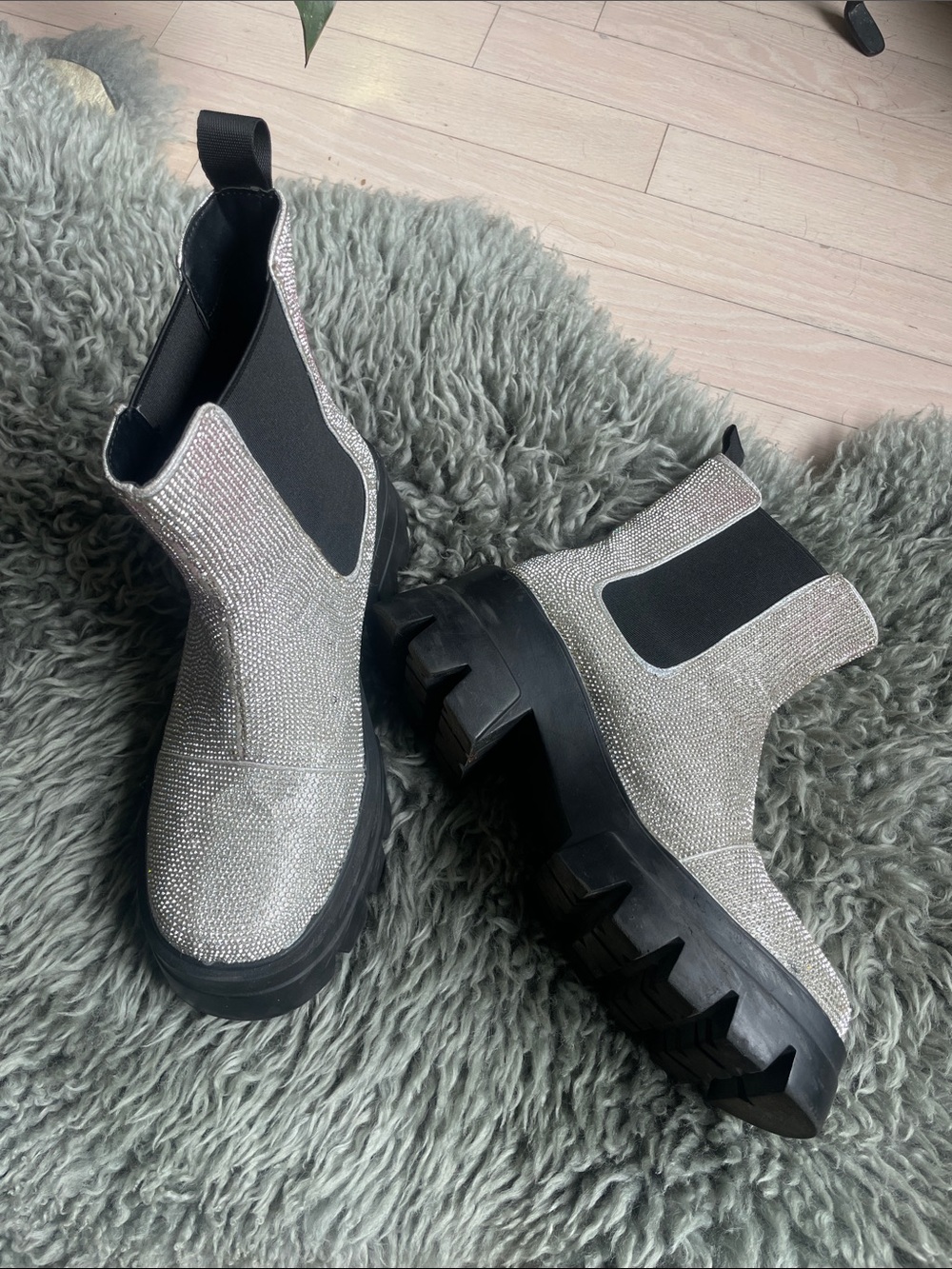 AKIRA Silver Rhinestone Chelsea Lug Boots